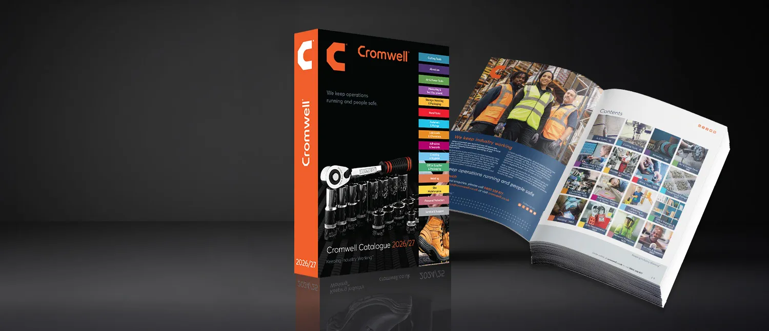 The Cromwell 2026/27 catalogue, one copy closed and one open at the contents page