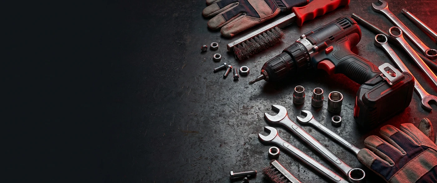 Spanners, sockets, a cordless drill, work gloves and fasteners laid out on a steel bench